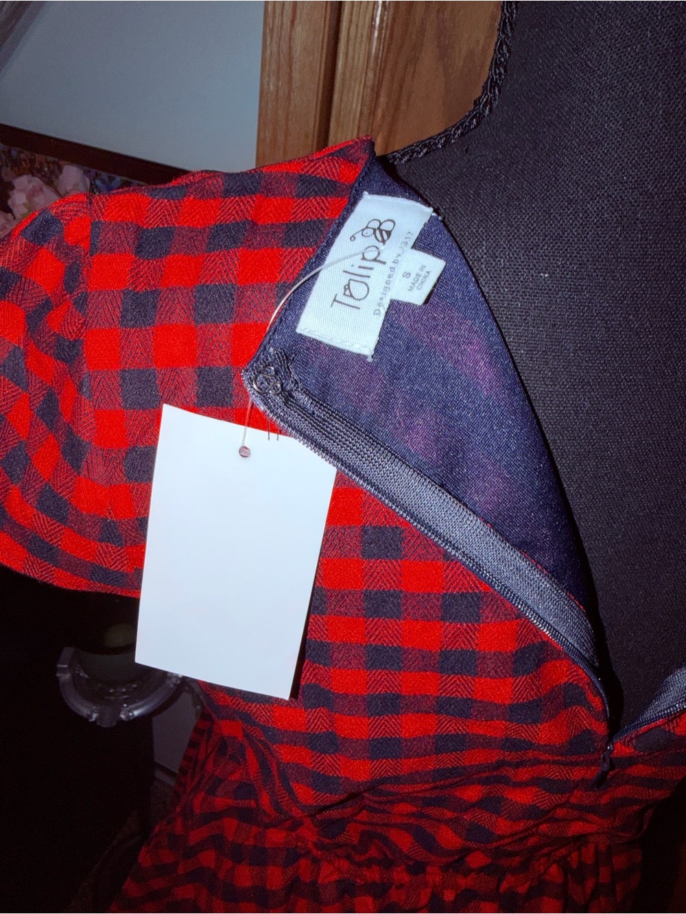 Red and Black Check Midi Fit-and-Flare Dress - Picture 4 of 10